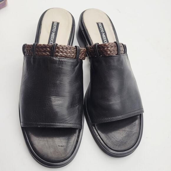 Sesto Meucci Womens 7 1/2M Black Leather Open Toe Slide Sandals Italy Woven - Picture 7 of 11